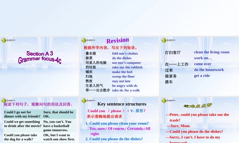 八年级英语下册 Unit 3 Could you please clean your room？Section A(Grammar Focus-4c)精品课件 .ppt