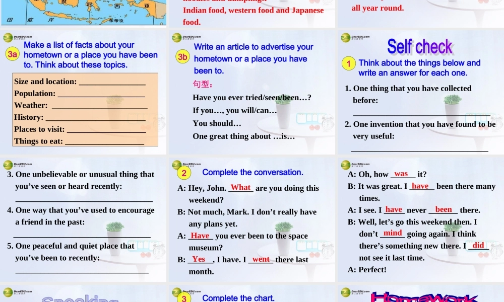 八年级英语下册 Unit 9 Have you ever been to an amusement？Section B(3a-Self check)精品课件 .ppt