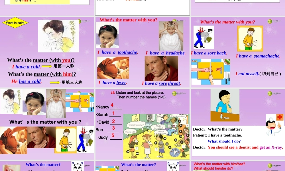 八年级英语下册《Unit 1 What’s the matter？》section A(1a-2d)课件 .ppt