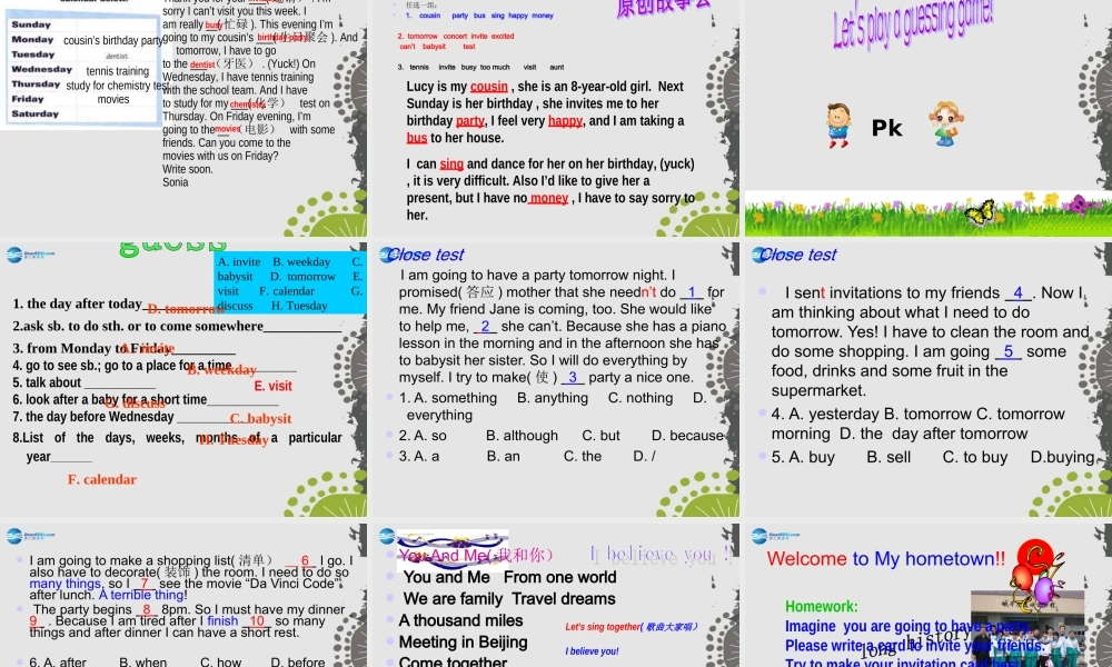 山东省章丘市龙山街道办党家中学八年级英语上册 Unit 9 Can you come to my party？课件.ppt