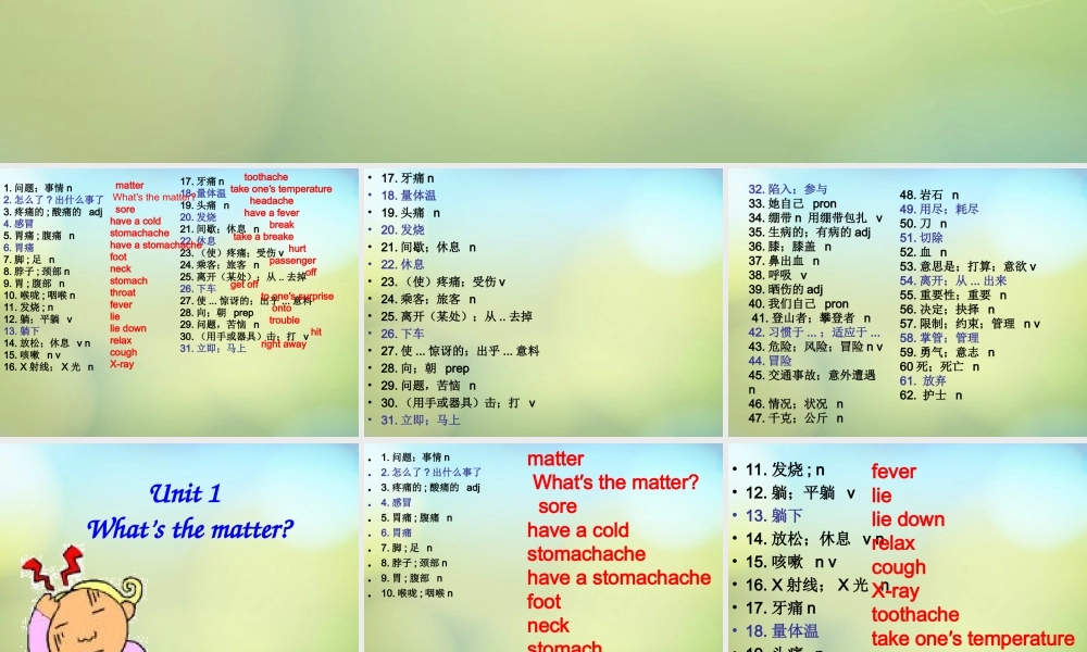 山东省肥城市汶阳镇初级中学八年级英语下册《Unit 1 What’s the matter（第1课时）》课件 .ppt