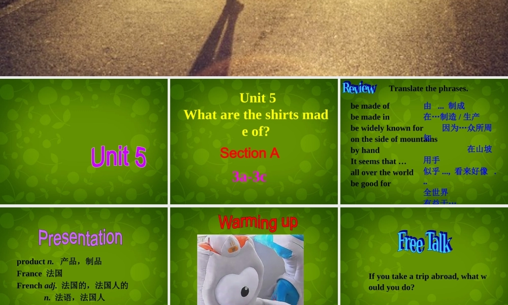 河北省东光县第二中学九年级英语全册 Unit 5 What are the shirts made of Section A（3a-3c）课件.ppt