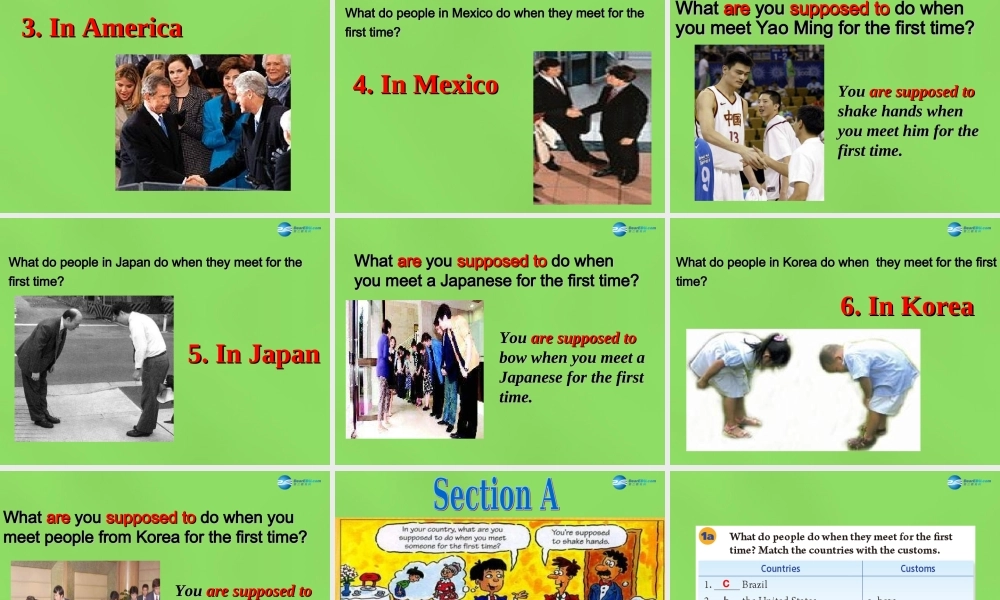 湖北省松滋市涴市镇初级中学九年级英语全册 Unit 10 You’re supposed to shake hands Period1课件.ppt