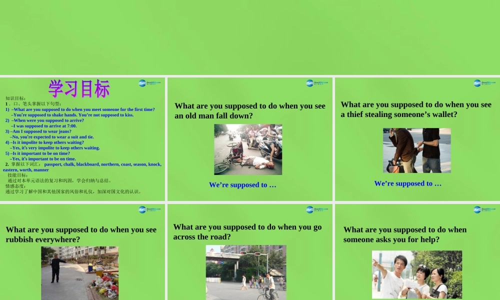 湖北省松滋市涴市镇初级中学九年级英语全册 Unit 10 You’re supposed to shake hands Period6课件.ppt