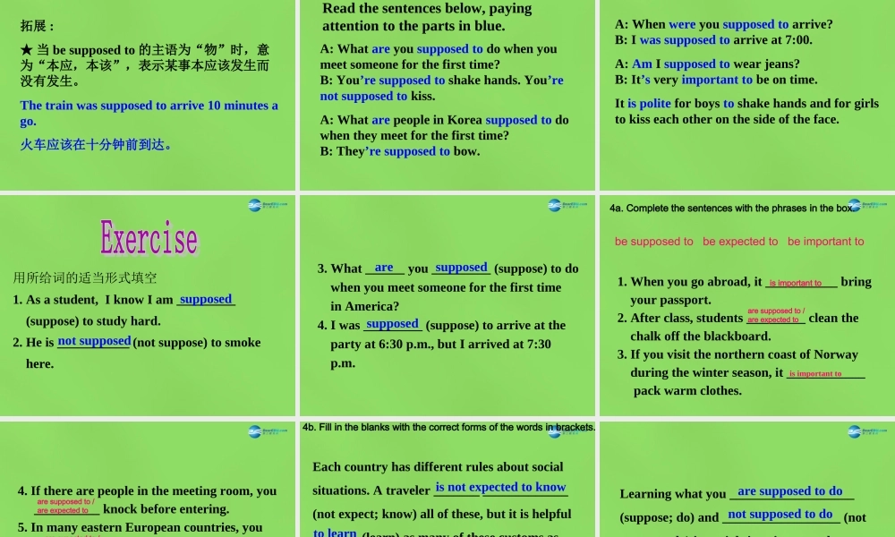 湖北省松滋市涴市镇初级中学九年级英语全册 Unit 10 You’re supposed to shake hands Period6课件.ppt