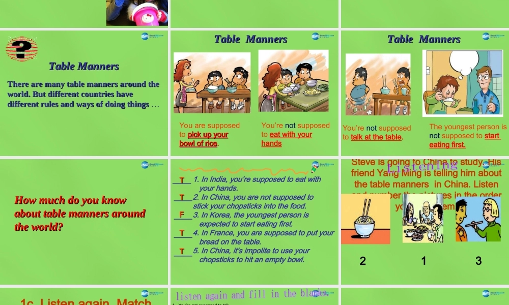 湖北省松滋市涴市镇初级中学九年级英语全册 Unit 10 You’re supposed to shake hands Period2课件.ppt