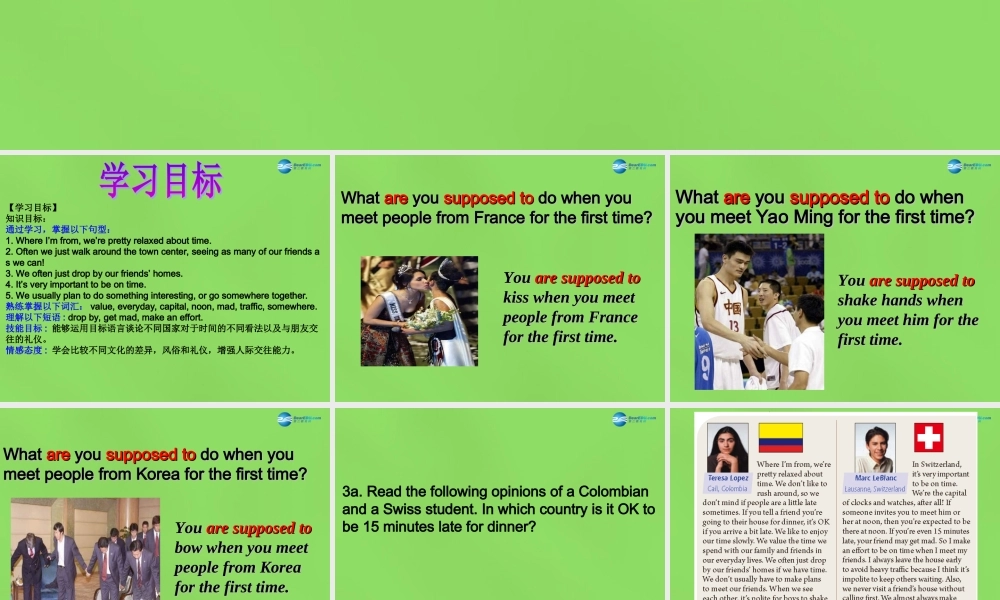 湖北省松滋市涴市镇初级中学九年级英语全册 Unit 10 You’re supposed to shake hands Period3课件.ppt