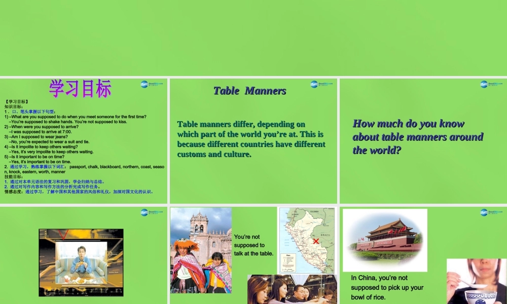 湖北省松滋市涴市镇初级中学九年级英语全册 Unit 10 You’re supposed to shake hands Period7课件.ppt