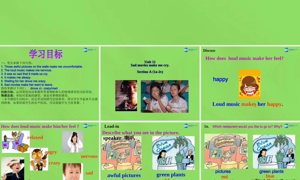 湖北省松滋市涴市镇初级中学九年级英语全册 Unit 11 Sad movies make me cry Period1课件.ppt