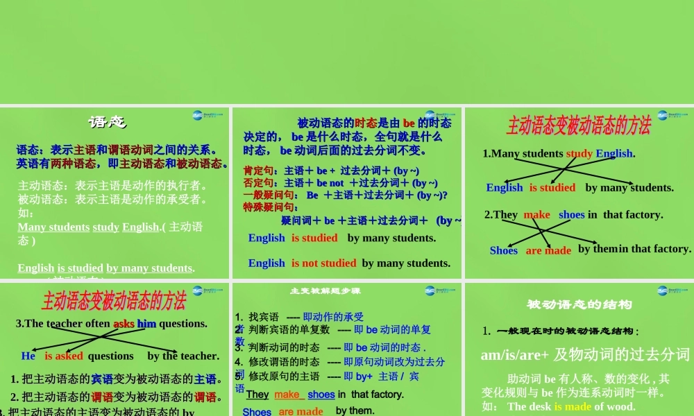 湖北省松滋市涴市镇初级中学九年级英语全册 Unit 5 What are the shirts made of？被动语态课件.ppt