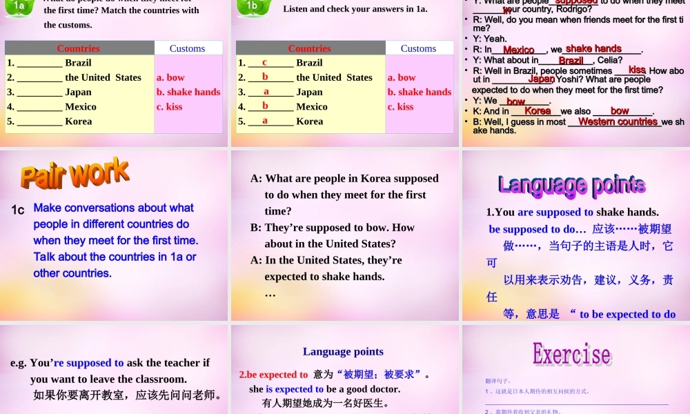 陕西省汉中市佛坪县初级中学九年级英语全册 Unit 10 You’re supposed to shake hands Section A（1a-1c）课件.ppt