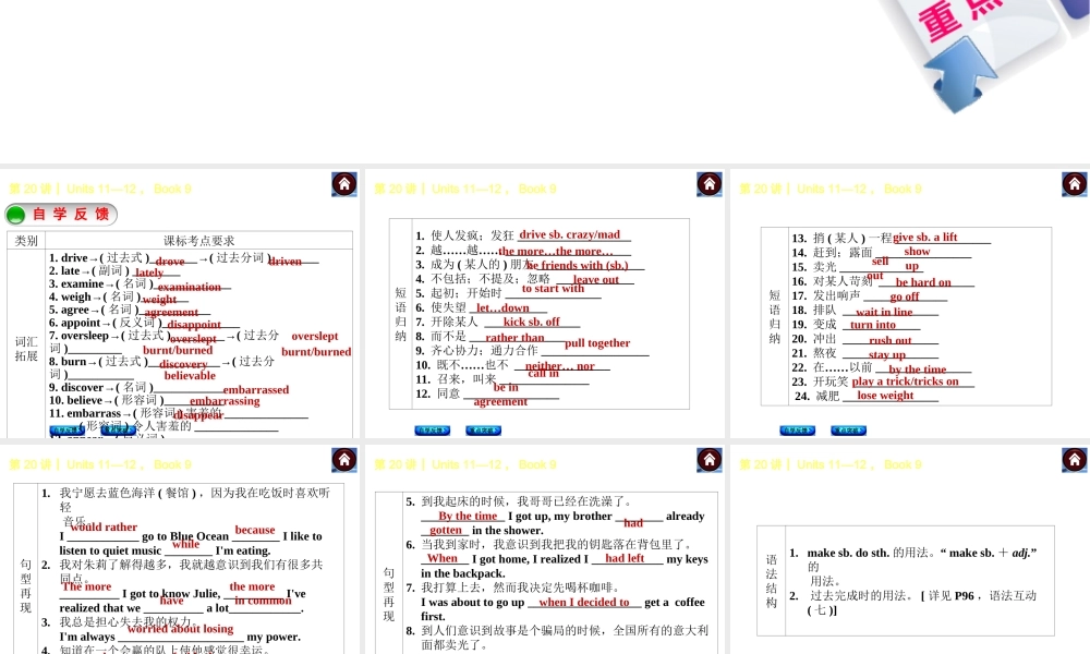 【复习方案】九年级英语复习课件（自学反馈+重点突破）：Units 11—12Book 9（共26张PPT）.ppt