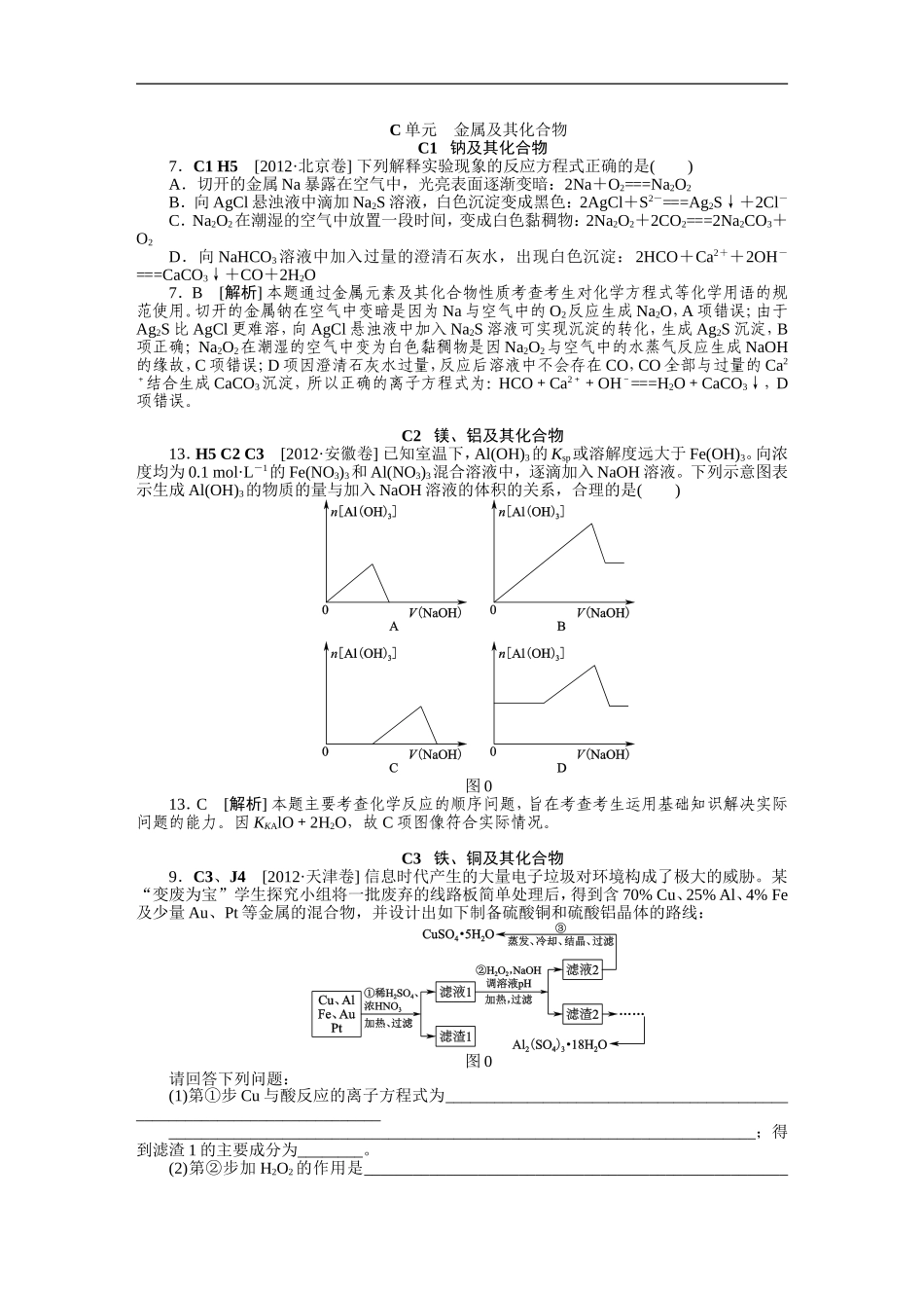 2012年高考化学（高考真题+模拟新题）分类解析汇编：C单元金属及其化合物.DOC_第1页