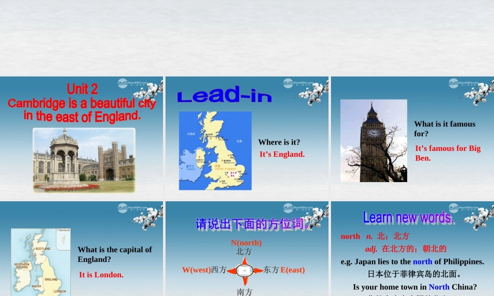 八年级英语上册 Module 2 My hometown and my country Unit 2 Cambridge is a beautiful city in the east of England课件 .ppt