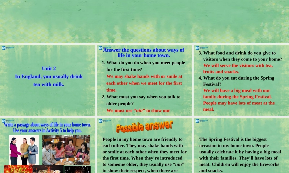 八年级英语上册 Module 11 Unit 2 In Englandyou usually drink tea with milk课件2 .ppt