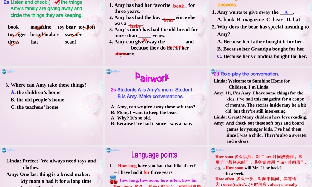 八年级英语上册 Unit 8 I’ve had this bike for three years SectionA（1a-2d）课件 .ppt