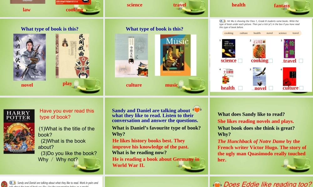 江苏省东海县横沟中学八年级英语下册 Unit 4 A good read Welcome to the Unit课件 .ppt