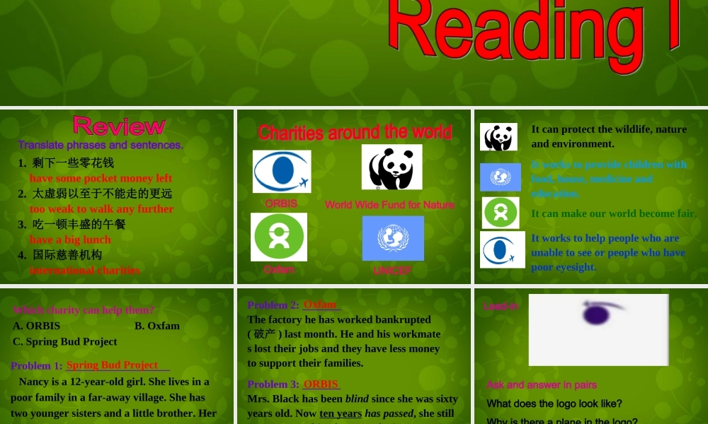 江苏省句容市天王中学八年级英语下册 Unit 7 International Charities Reading1课件 .ppt