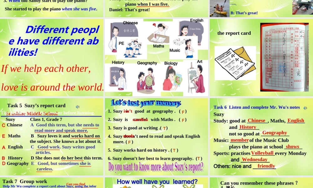 江苏省句容市天王中学七年级英语下册 Unit 7 Abilities Integrated skills课件 .ppt