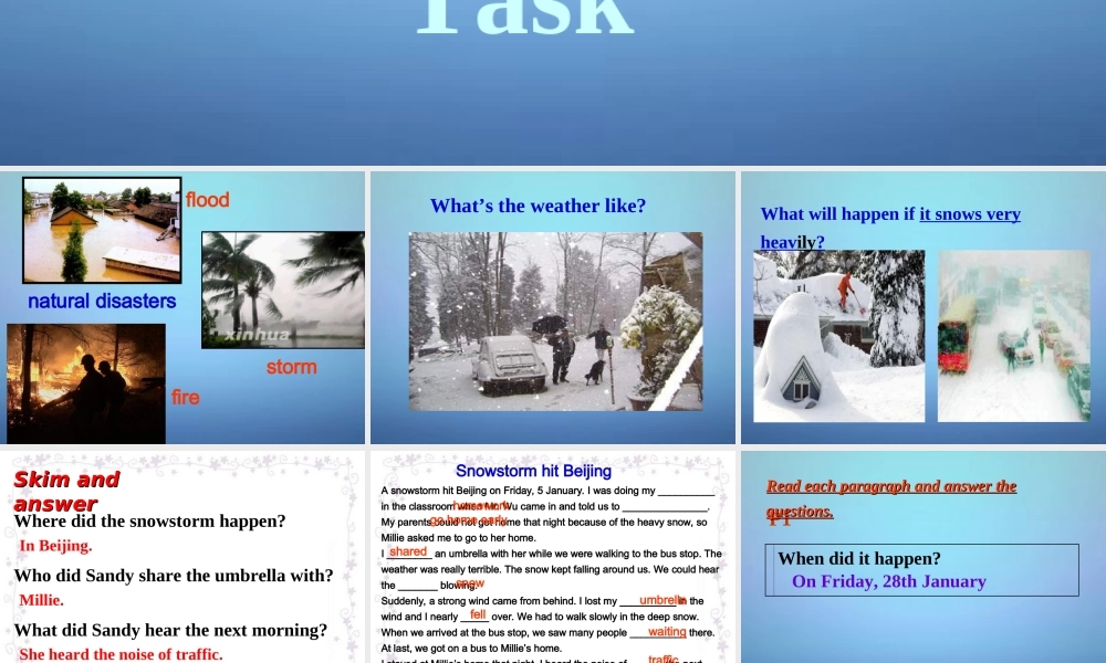 江苏省溧水县孔镇中学八年级英语上册 Unit 8 Natural disasters Task课件.ppt