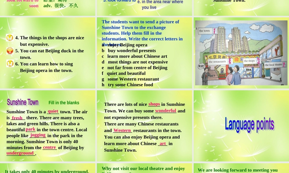 江苏省南京市长城中学七年级英语下册 Unit 3 Welcome to Sunshine Town Reading课件 .ppt