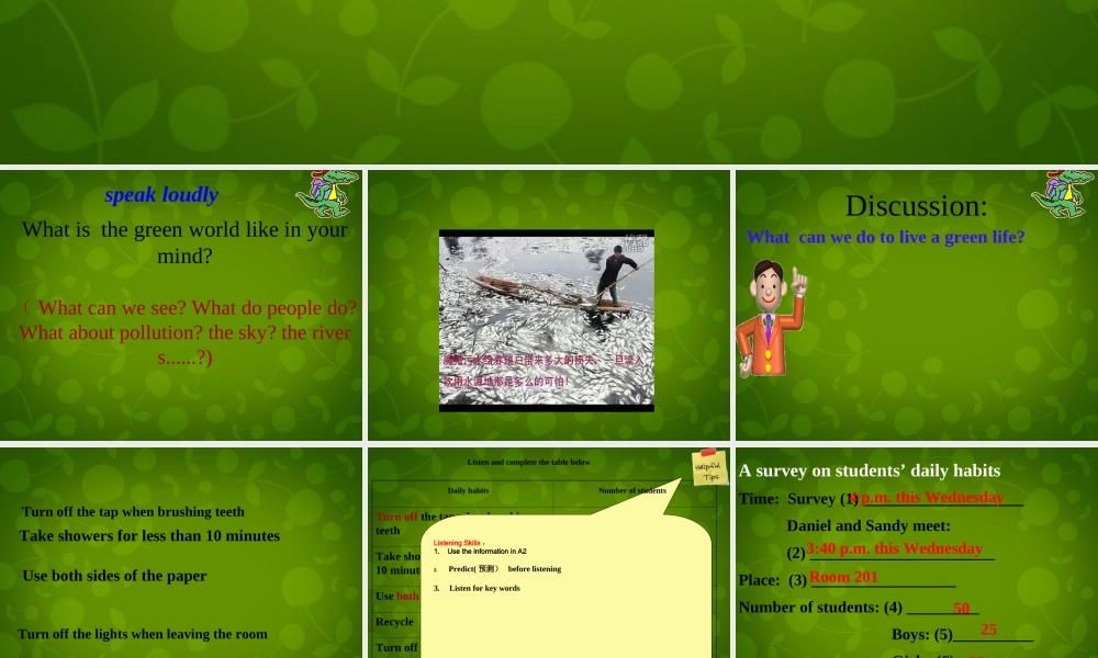 江苏省仪征市月塘中学八年级英语下册 Unit 8 A green world Integrated skills课件1 .ppt