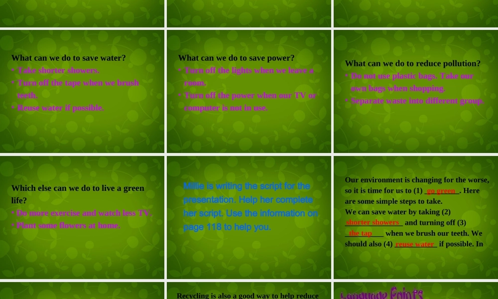 江苏省仪征市月塘中学八年级英语下册 Unit 8 A green world task课件 .ppt