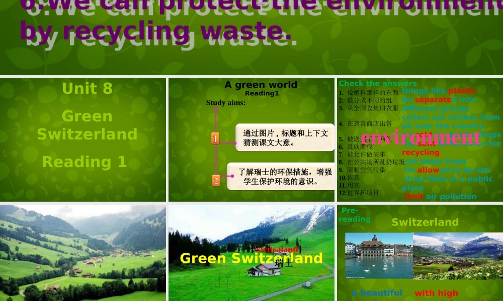 江苏省仪征市月塘中学八年级英语下册 Unit 8 Green Switzerland Reading 1课件 .ppt
