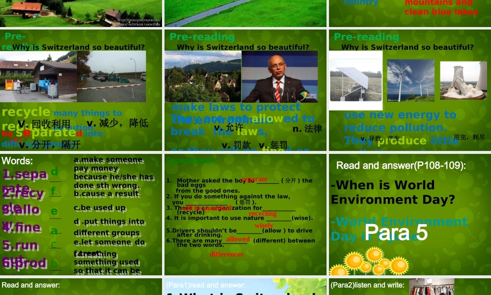 江苏省仪征市月塘中学八年级英语下册 Unit 8 Green Switzerland Reading 1课件 .ppt