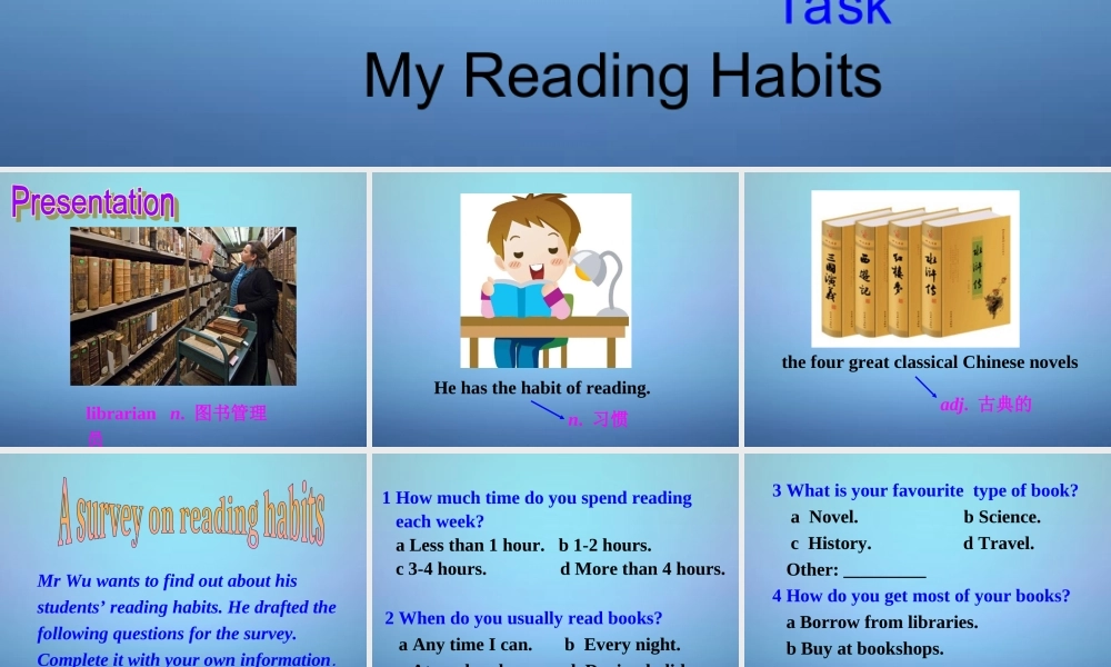 江苏省永丰初级中学八年级英语下册 Unit 4 A good read Task课件 .ppt