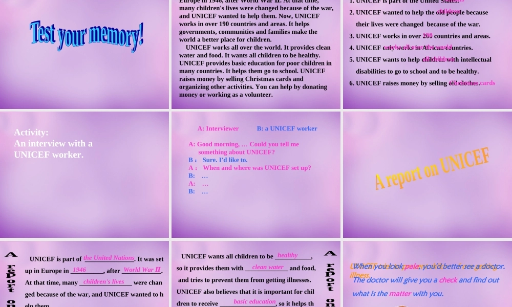 江苏省永丰初级中学八年级英语下册 Unit 7 International Charities Integrated skills课件1 .ppt