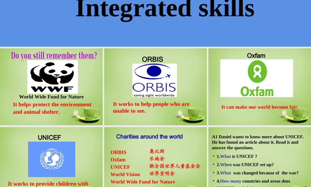江苏省永丰县初级中学八年级英语下册 Unit 7 International Charities Intergrated skills课件 .ppt
