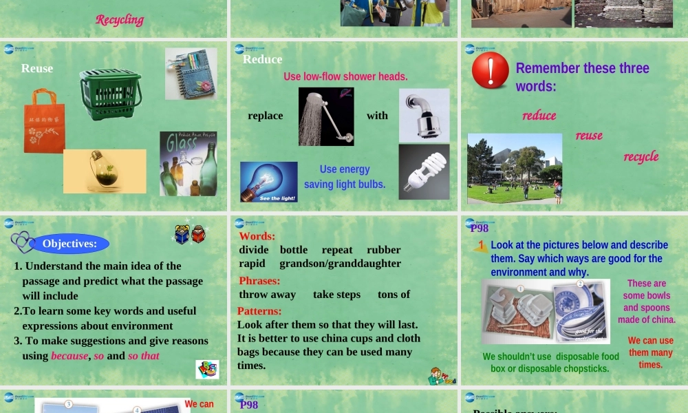 九年级英语上册 Module 12 Save our world Unit 2 Repeat these three words daily reduce reuse and recycle课件.ppt