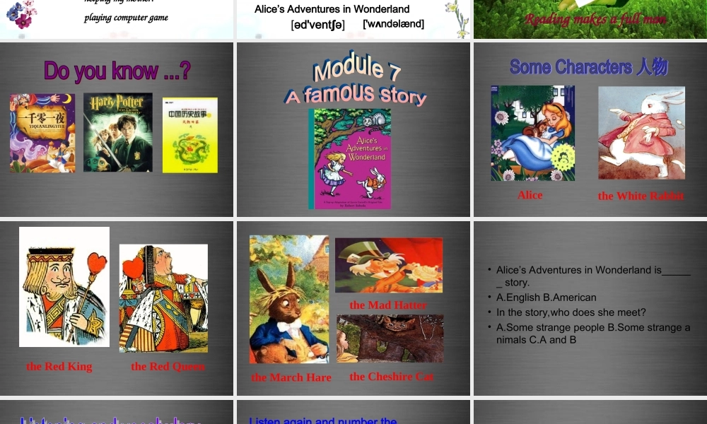 内蒙古鄂尔多斯康巴什新区第一中学八年级英语上册《Module 7 Unit 1 Alice was sitting with her sister by the river》课件 .ppt