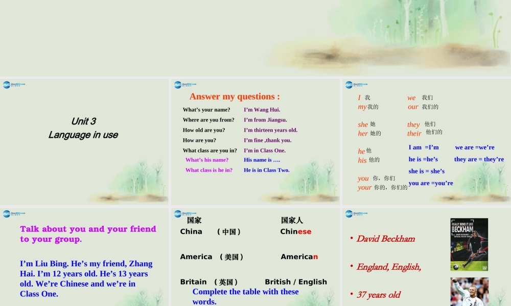 七年级英语上册 Module 1 My classmates Unit 3 Language in use课件 （新版）外研版.ppt