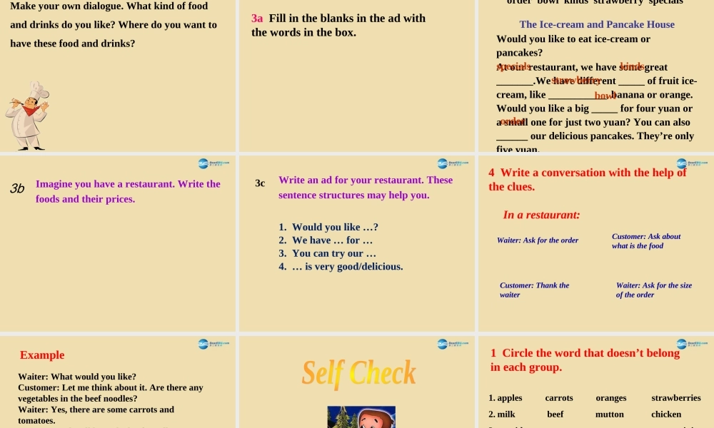 七年级英语上册 Unit 2 I’d like some noodles Section B（3a-Self check）课件 .ppt