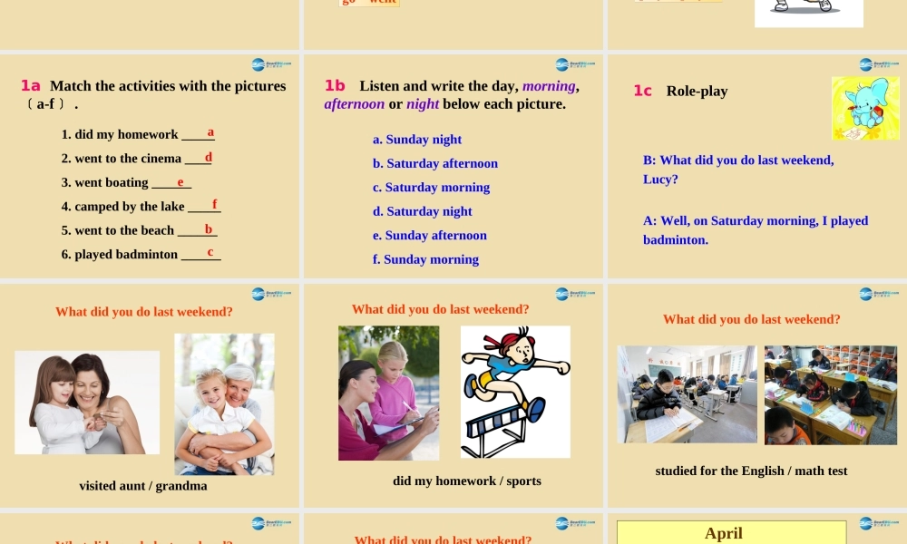 七年级英语上册 Unit 4 What did you do last weekend？Section A Period 1(1a-2c)课件 .ppt