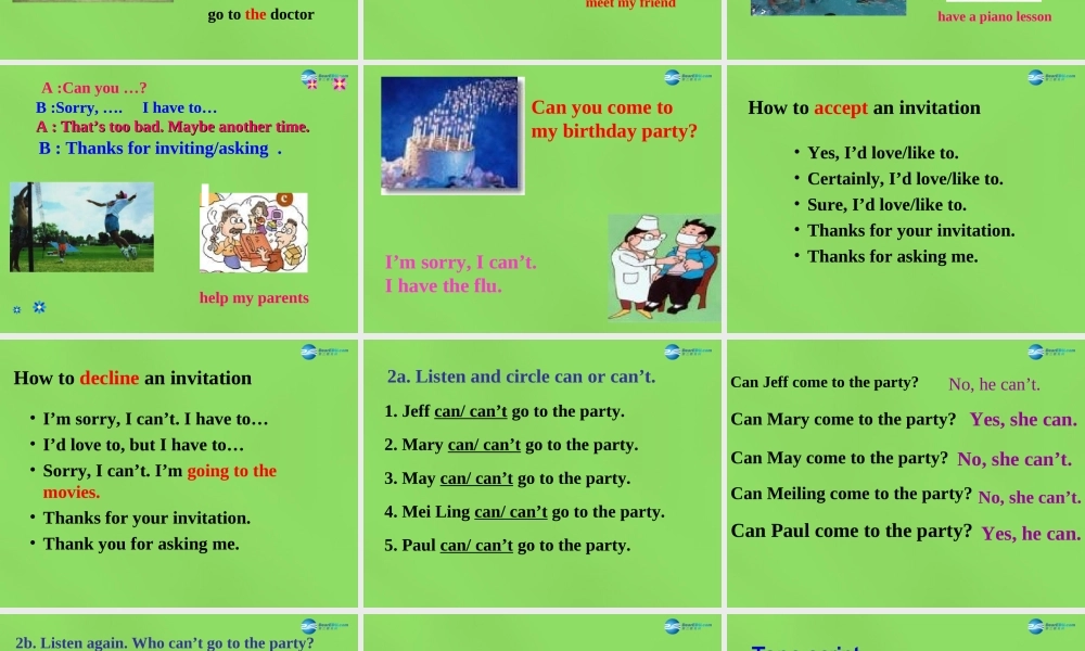 七年级英语下册 Unit 5 Can you come to my party？SectionA（2a-2c）课件 .ppt