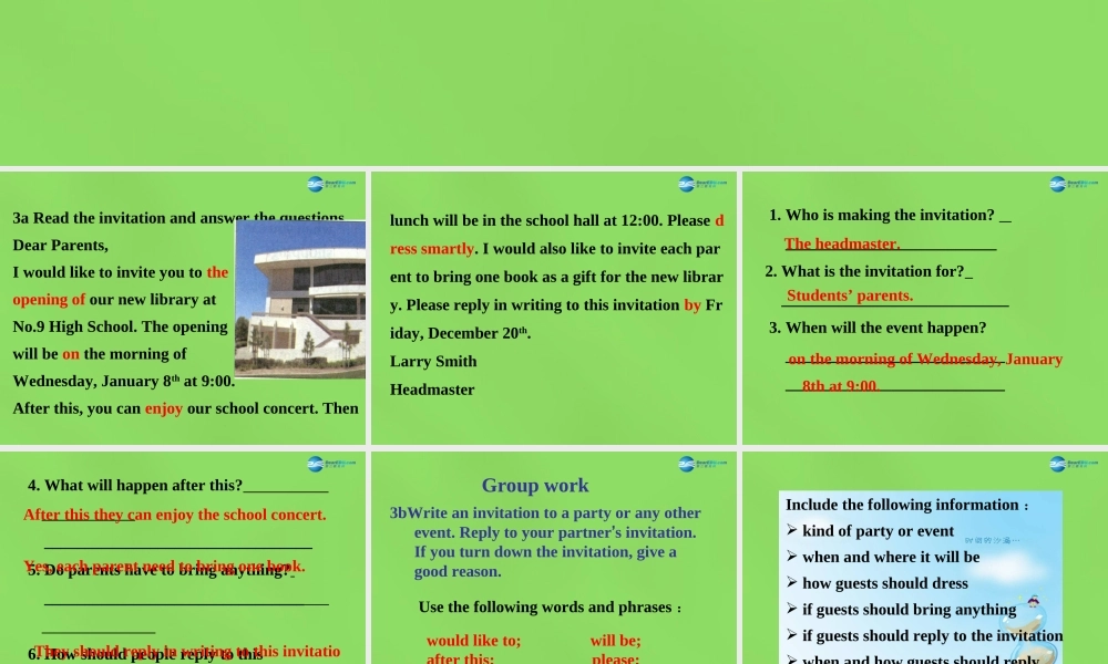 七年级英语下册 Unit 5 Can you come to my party？SectionB（3a-3c）课件 .ppt