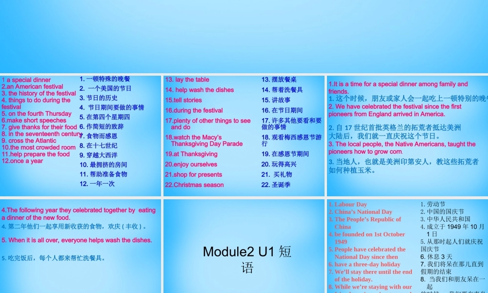 山东省高密市银鹰文昌中学九年级英语上册 Module 2 Unit 2 We have celebrated the festival since the first pioneers短语课件.ppt