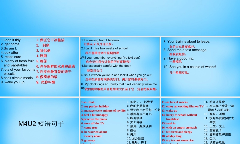 山东省高密市银鹰文昌中学九年级英语上册 Module 4 Unit 1 I can look after myself, although it won’t be easy for me短语句子课件.ppt