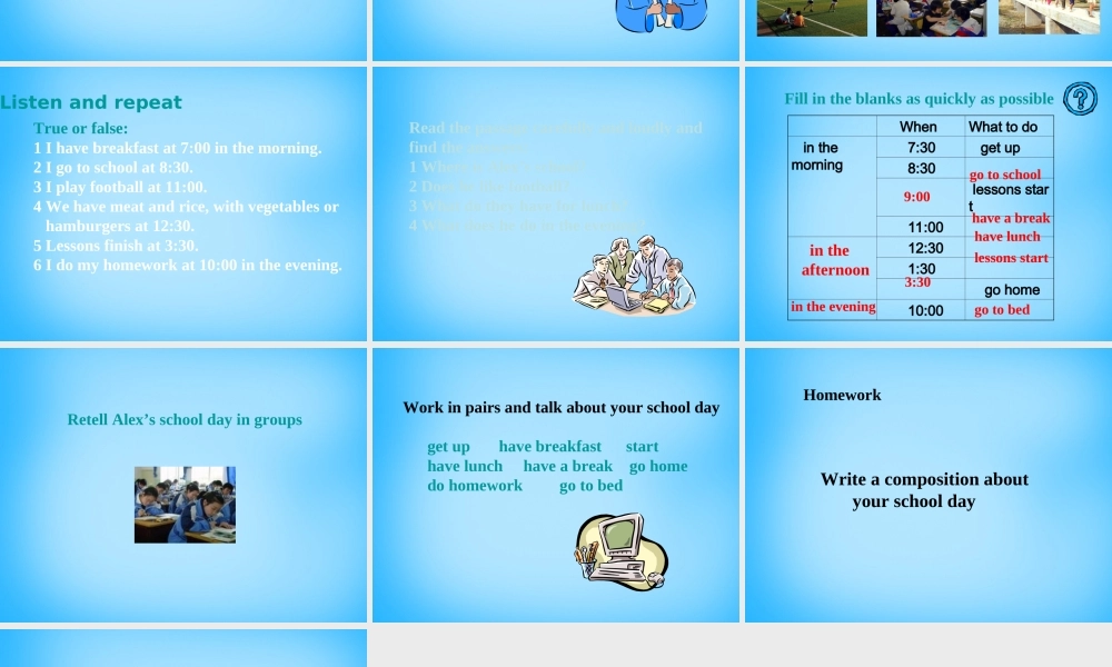 山东省寿光市实验中学七年级英语上册 Module 5 My school day Unit 2 We start work at nine o’clock课件 （新版）外研版.ppt