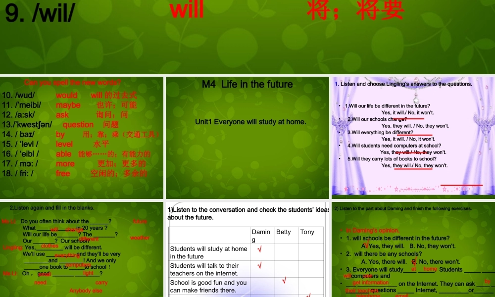山东省潍坊高新技术产业开发区浞景学校七年级英语下册《Module 4 Unit 1 Everyone will study at home》课件 .ppt
