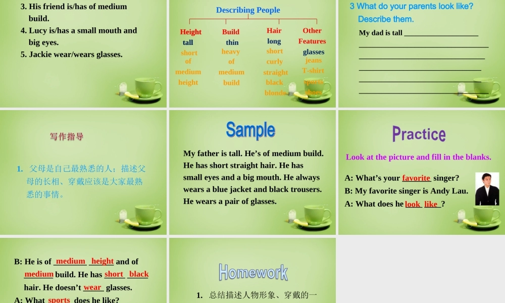 山东省淄博市周村区萌水中学七年级英语上册 Unit 1 What does he look like Section B 2课件 （新版）.ppt