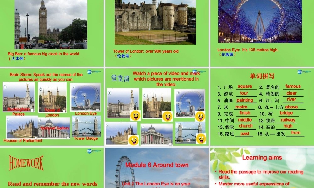 四川省华蓥市明月镇七年级英语下册 Module 6 Around town Unit 2 The London Eye is on your right课件1 .ppt