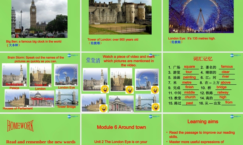 四川省华蓥市明月镇七年级英语下册 Module 6 Around town Unit 2 The London Eye is on your right课件2 .ppt