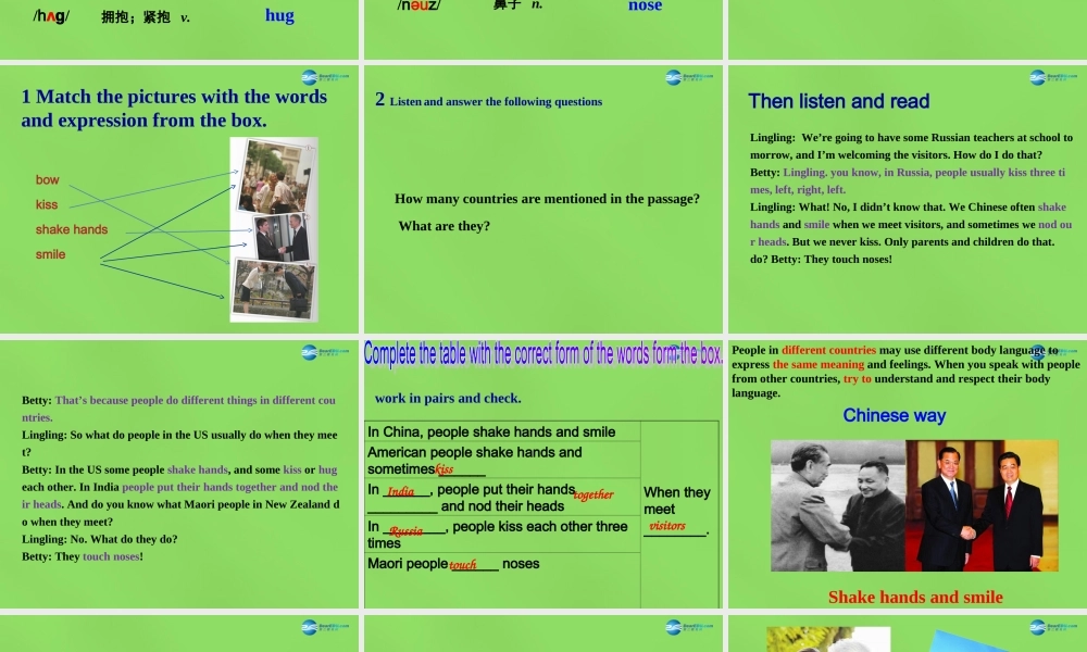 四川省华蓥市明月镇七年级英语下册 Module 11 body language UUnit 1 They touch noses课件 .ppt