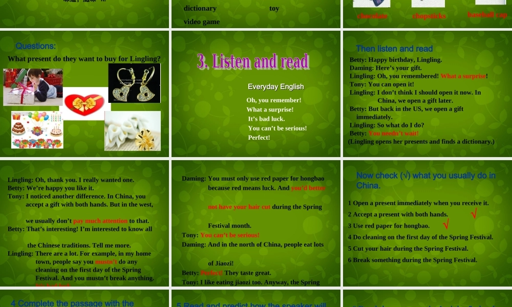 四川省华蓥市明月镇小学八年级英语上册 Module 11 Unit 1 In Chinawe open a gift later课件 .ppt