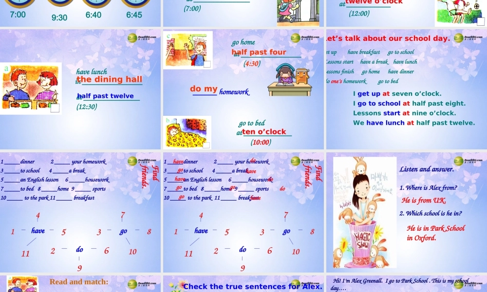 浙江省衢州市开化县池淮镇初级中学七年级英语上册 Module 5 My school day Unit 2 We start work at nine o’clock课件 （新版）外研版.ppt