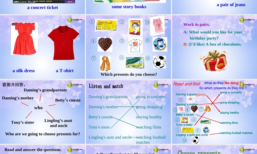 浙江省衢州市开化县池淮镇初级中学七年级英语上册 Module 8 Choosing presents Unit 2 She often goes to concerts修课件 （新版）外研版.ppt